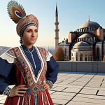 A 3D-modeled character wearing a costume incorporating traditional Turkish motifs, designed with sustainable materials like recycled fabric, standing confidently in a modern, augmented reality setting that blends the virtual character with a real-world Istanbul cityscape background, demonstrating the fusion of cultural heritage and technological innovation.