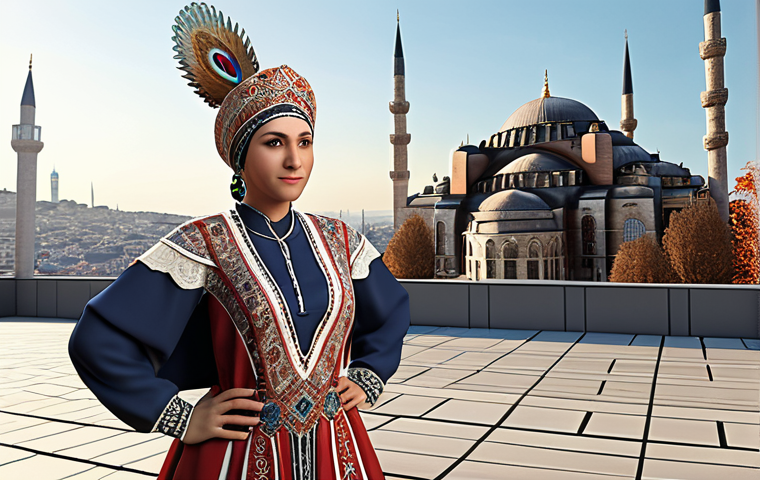 A 3D-modeled character wearing a costume incorporating traditional Turkish motifs, designed with sustainable materials like recycled fabric, standing confidently in a modern, augmented reality setting that blends the virtual character with a real-world Istanbul cityscape background, demonstrating the fusion of cultural heritage and technological innovation.